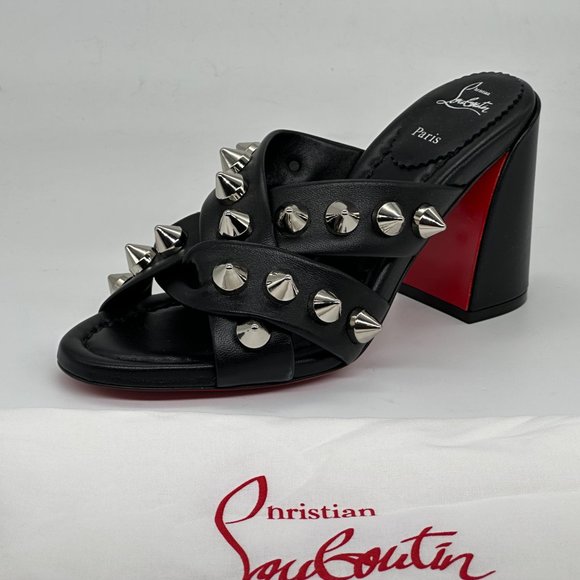 Christian Louboutin SPIKA CLUB Spiked Leather Mule Block Heel Sandals Shoes - Picture 3 of 14